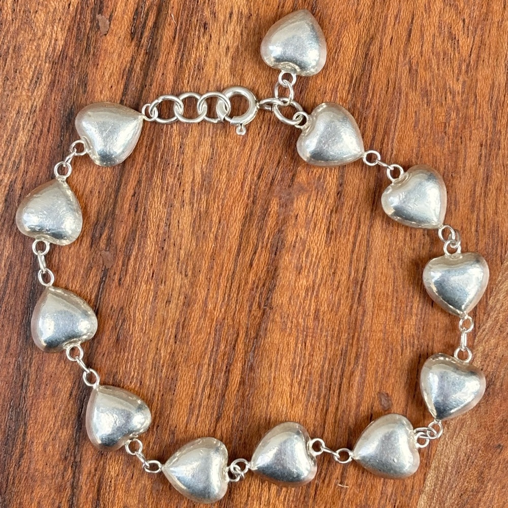 Vintage 925 Sterling Silver Puffy Heart Bracelet Woman’s Jewelry Gift For Her